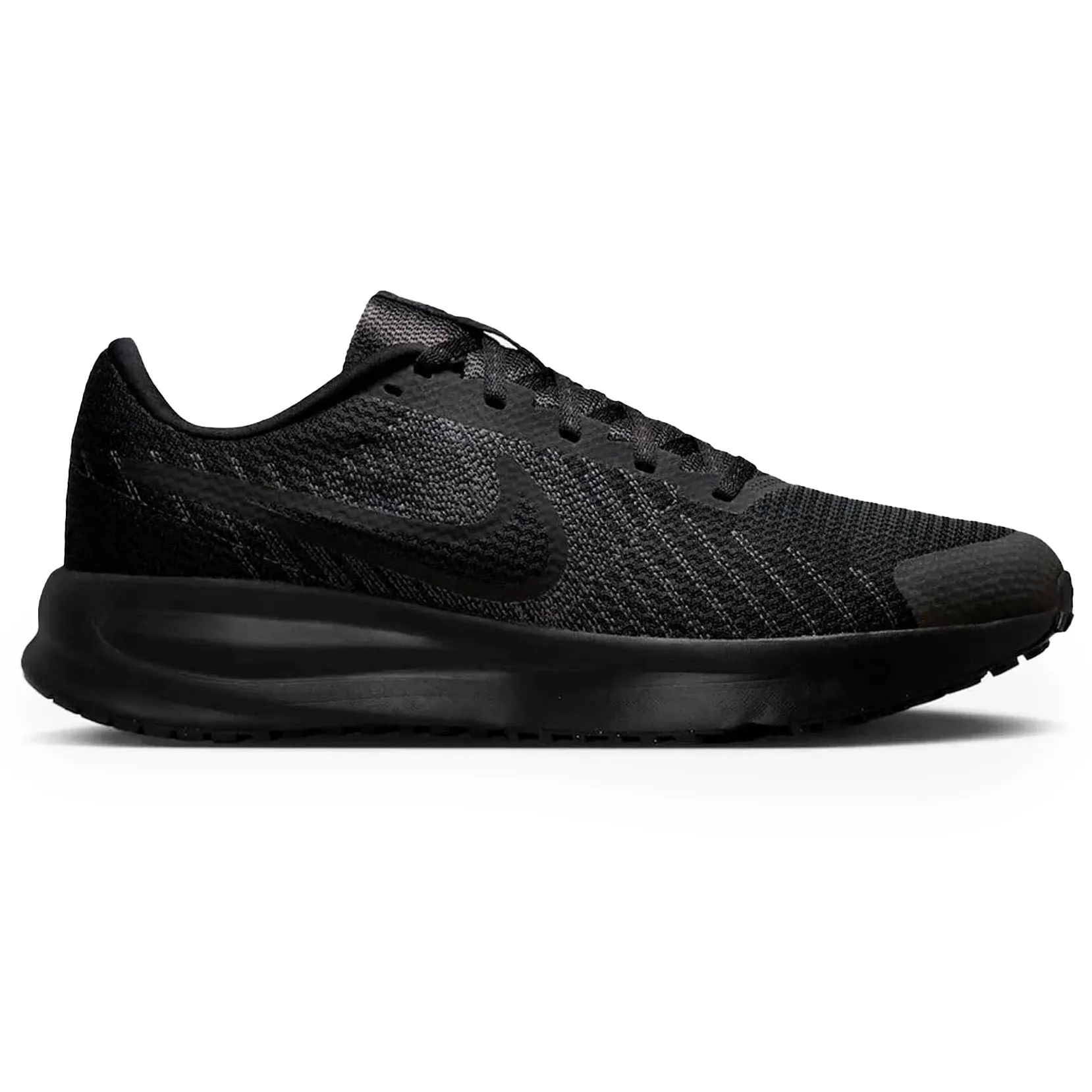 Tênis masculino Nike Run Defy preto com mesh respirável, cadarço preto e solado em borracha antiderrapante